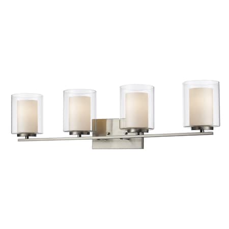Willow 4 Light Vanity, Brushed Nickel & Clear Outside With Matte Opal Inside